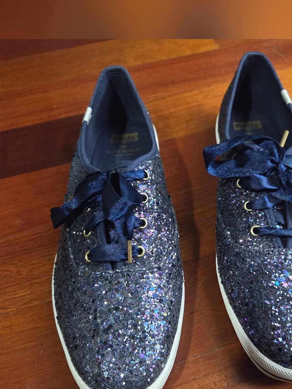 Keds x Kate Spade navy glitter lace-up sneakers with satin laces, Women's 11
